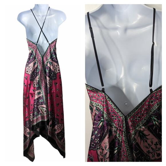 Vintage Y2K Boho Paisley Slip Dress Pink Black Handkerchief Hem Spaghetti Strap - Picture 2 of 10